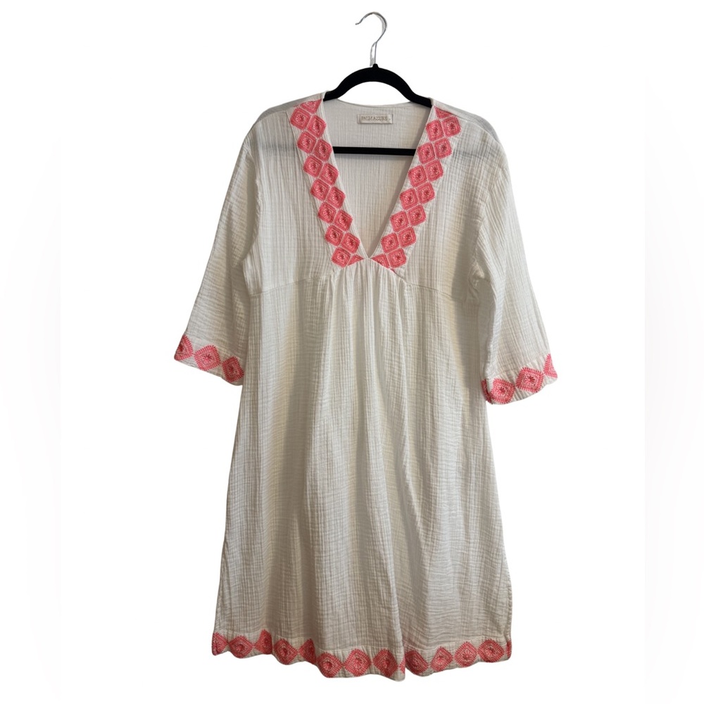 Embroidered Cotton Beach Cover in White with Pink Trim